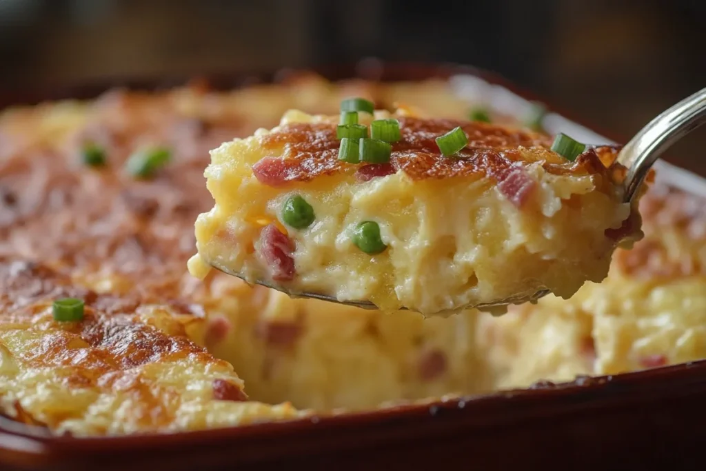 Creamy texture of hash brown casserole being served